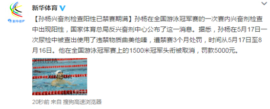 孙杨涉禁药遭处罚