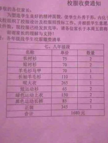 浙江一中学校服收费1680元 其实是8套共14件