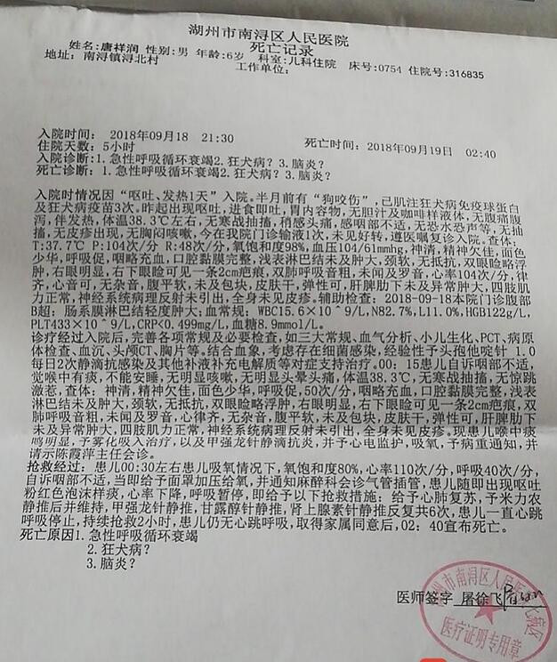 6岁男童被狗咬伤，接种3针疫苗13天死亡