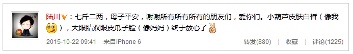 陆川报喜胡蝶诞下一子 小葫芦大眼睛像妈妈